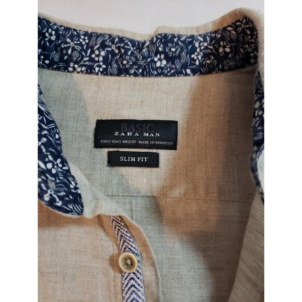 Zara Man Casual button up linen blend shirt slim fit Long Sleeve flip cuf size S - Picture 3 of 15